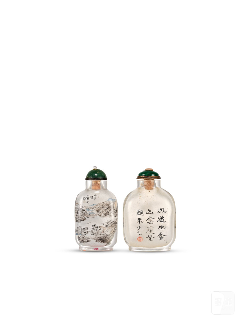 二十世紀初　孟子受款玻璃內畫鼻煙壺 及（周）少元款玻璃內畫鼻煙壺 | TWO INSIDE-PAINTED GLASS SNUFF BOTTLES - 图4